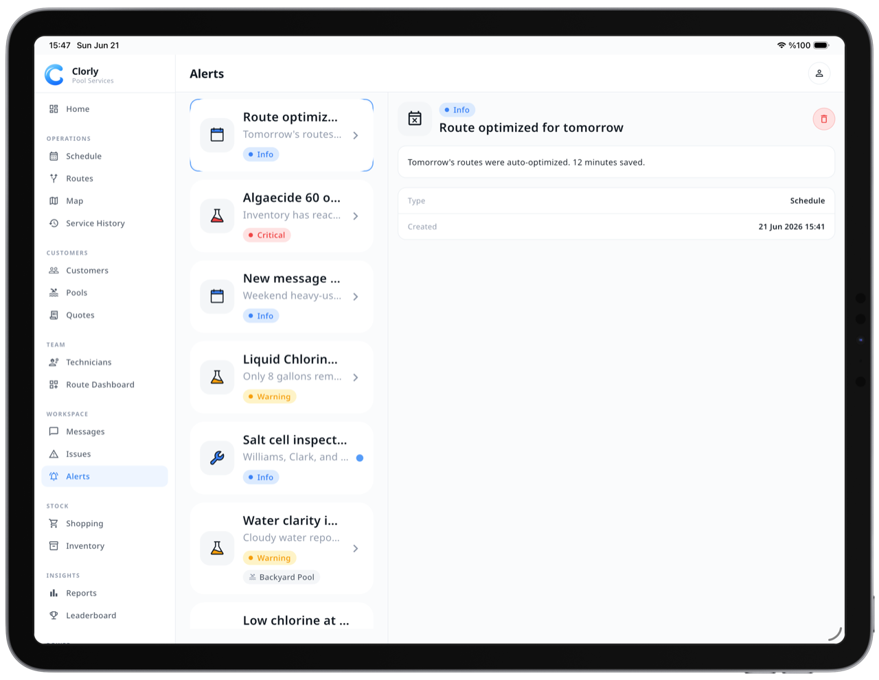 Clorly smart alerts and monitoring on iPad